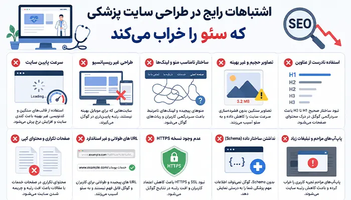 اشتباهات رایج در طراحی سایت پزشکی که سئو را خراب میکند اشتباهات رایج در طراحی سایت پزشکی که سئو را خراب میکند